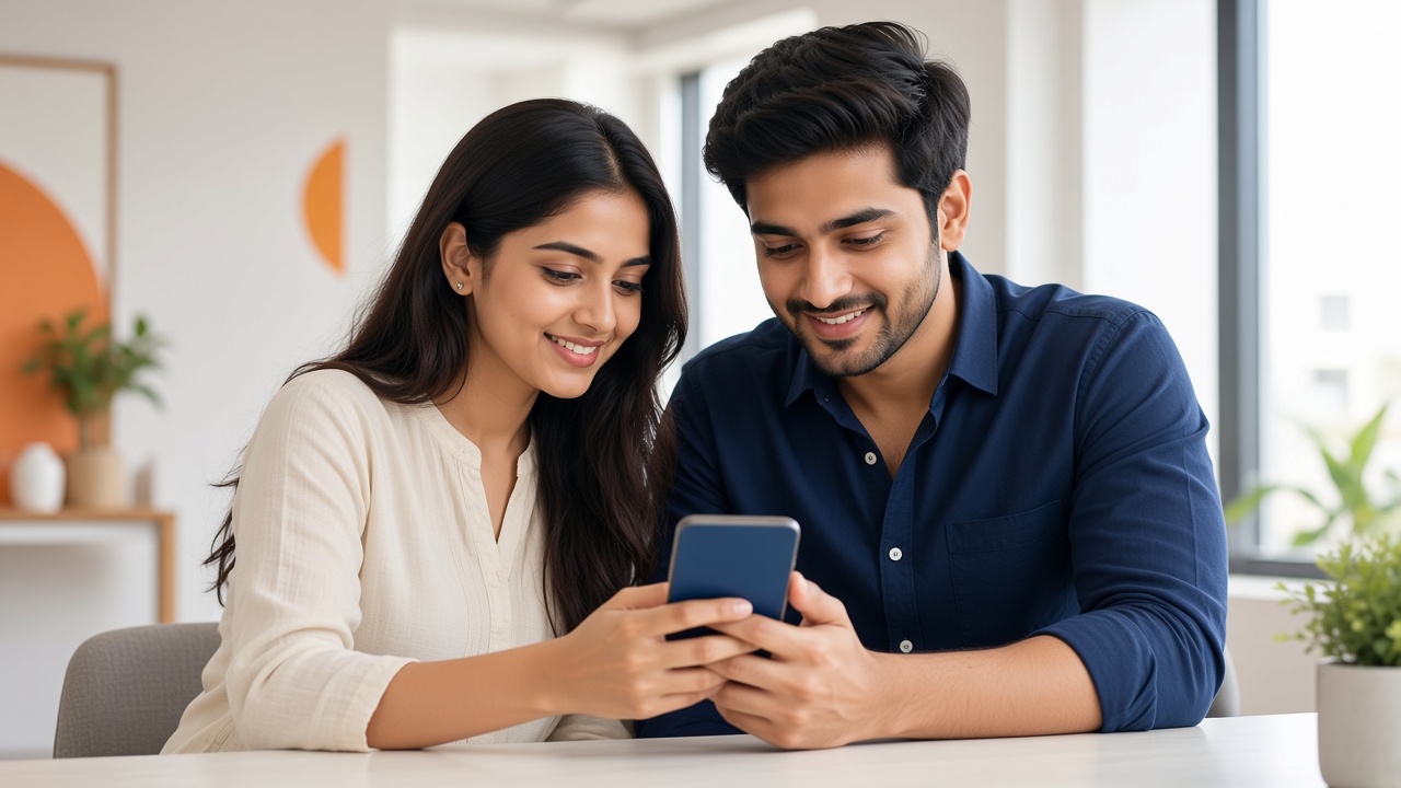 Two people in a bright Indian home looking at a phone together
