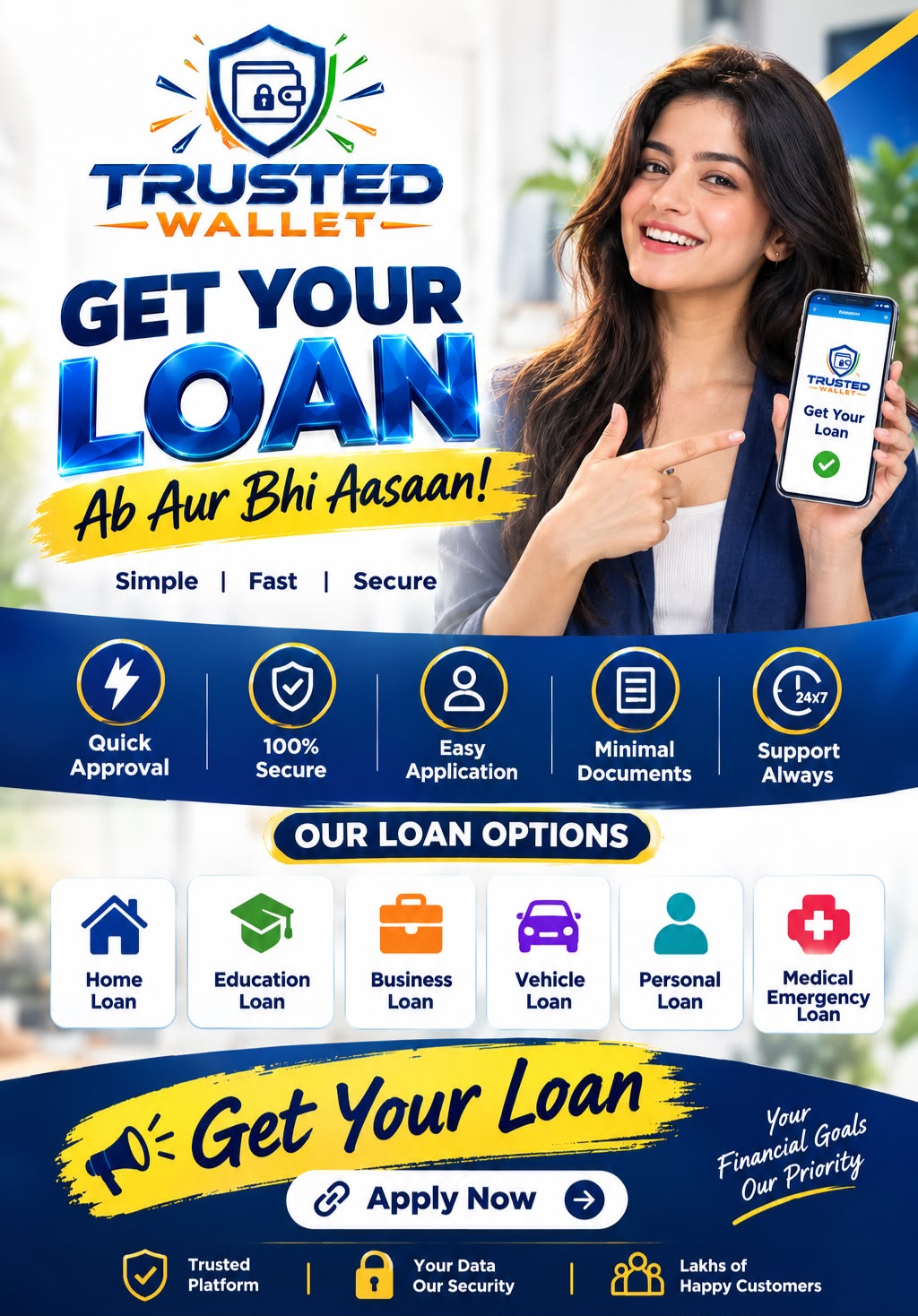 Trusted Wallet poster inviting you to get a loan, listing home, education, business, vehicle, personal, and medical emergency options