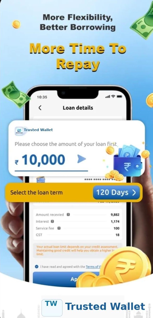 Phone showing a ₹10,000 loan for 120 days, with interest, service fee, and GST listed before you agree