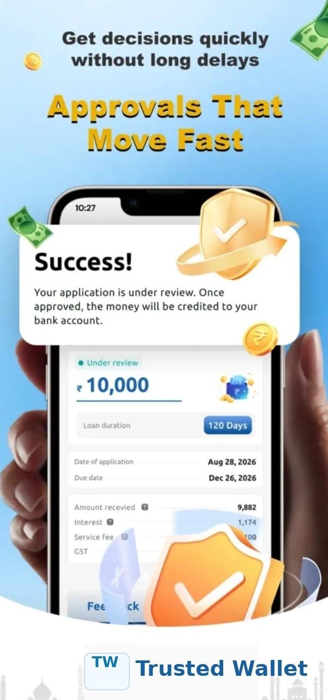 Phone showing a successful application under review for ₹10,000, with the money credited after approval