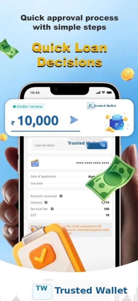 Phone showing a ₹10,000 loan under review, with amount, interest, service fee, and GST