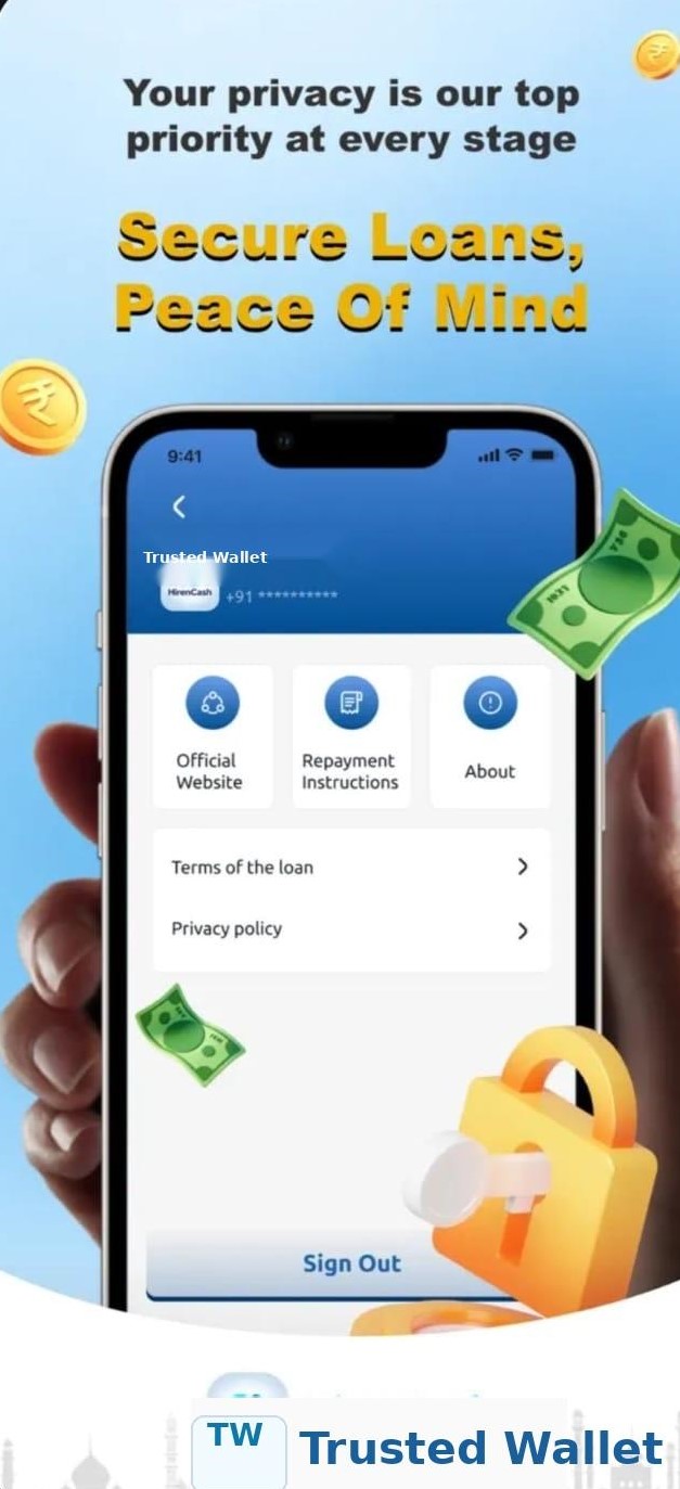 Phone showing loan terms, the privacy policy, and repayment instructions