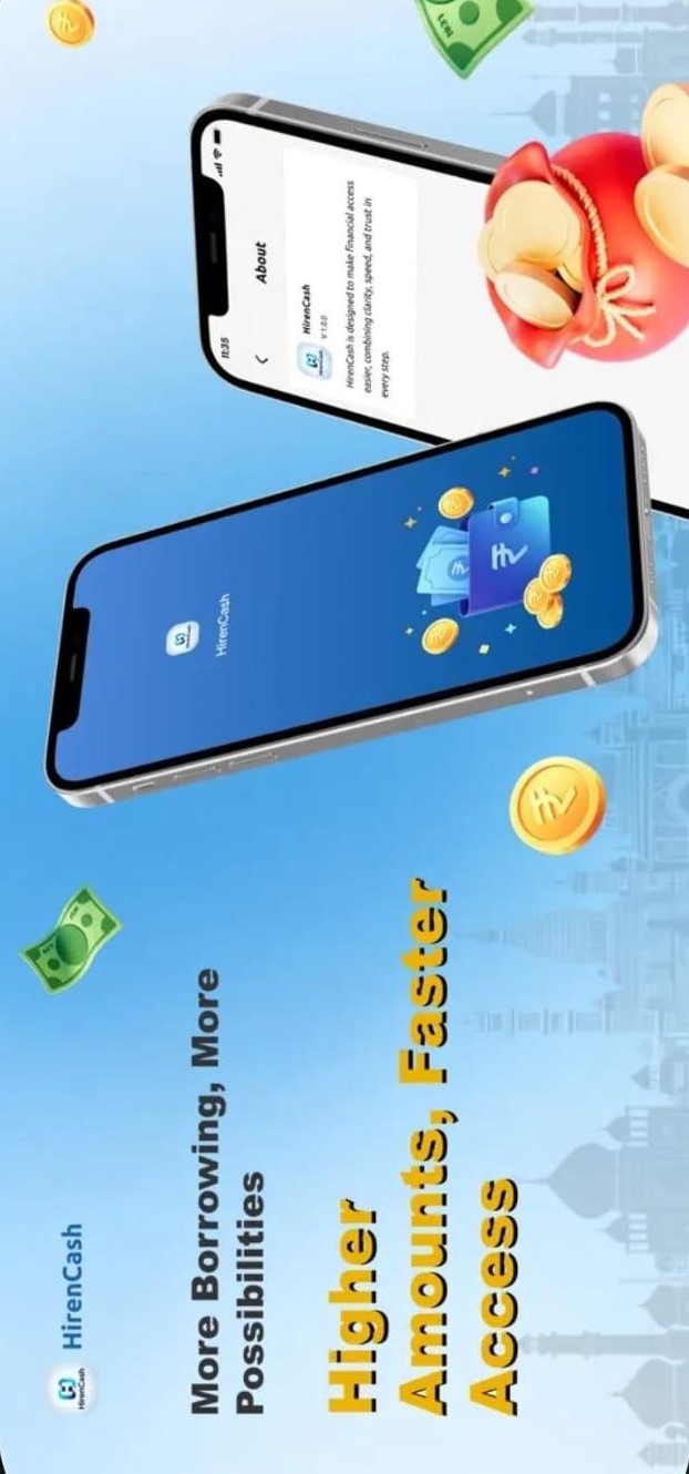 Two phones on a sky-blue background with the message higher amounts and faster access