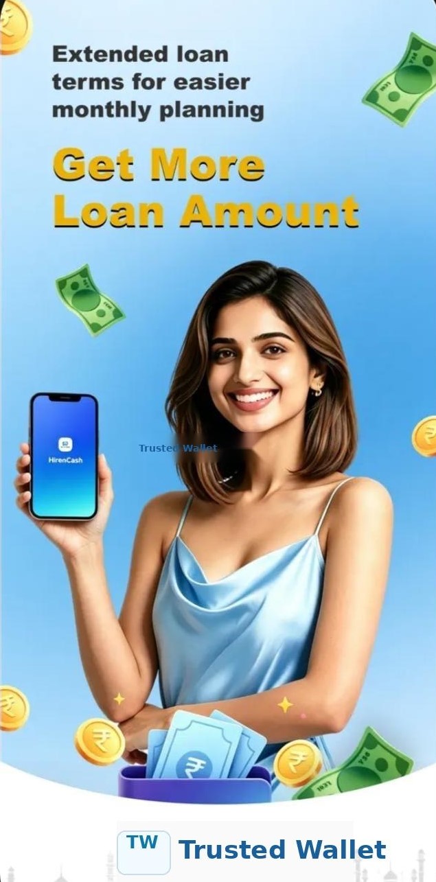 A woman holding a phone beside a wallet of rupee notes, with the message get more loan amount